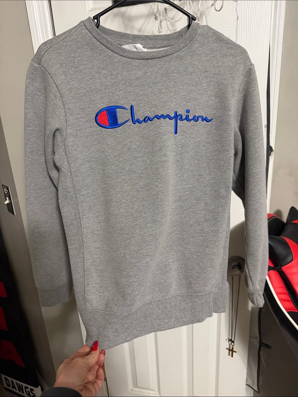 Champion Grey Crewneck Sweatshirt with Blue & Red Logo